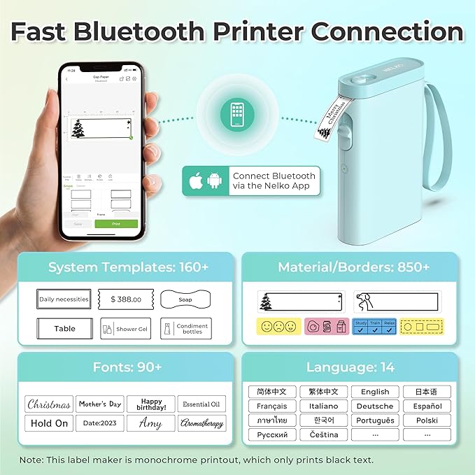Nelko Label Maker Machine with Tape, P21 Bluetooth Label Printer, Wireless Mini Label Makers with Multiple Templates for School Office Home, Cyan