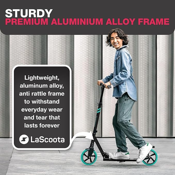 LaScoota Kick Scooter for Kids Ages 6+, Teens & Adults, Large 8" Sturdy Urethane Wheels. Adjustable Handlebar, Lightweight, Foldable, 220lbs Max Load