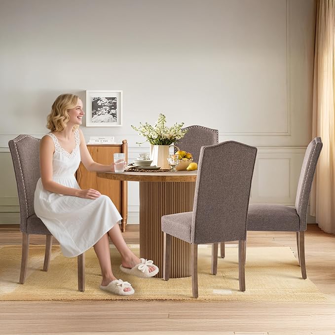 Upholstered Dining Chair Modern Stylish Parsons Kitchen Diner High Back with Silver Nailhead Trim & Wood Legs, Set of 2, Fabric Brown