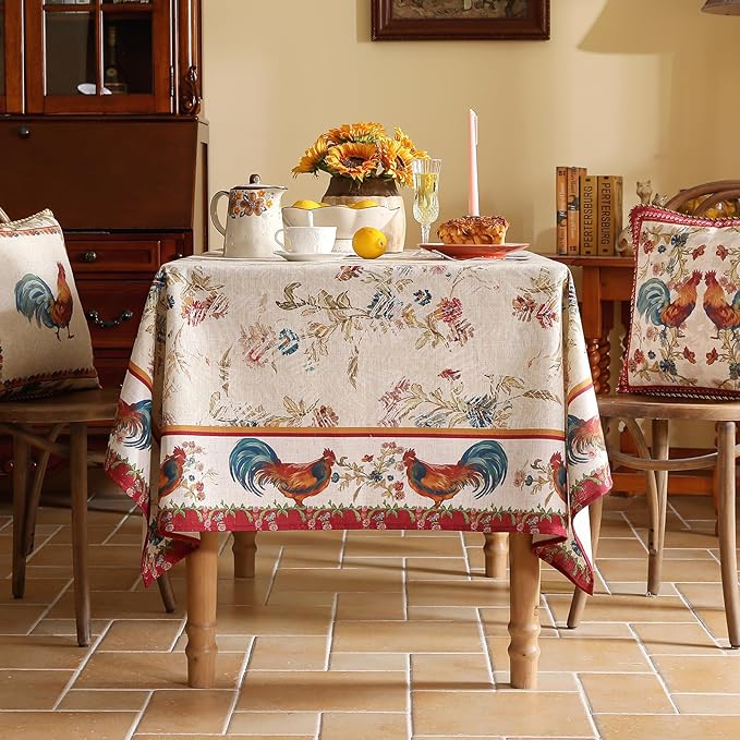 patdrea Designer Linen Tablecloth for Rectangle Table,Red Vintage Animals Pattern Floral Tablecloths,Decor Table Cover for Kitchen Dining Christmas,Tea Party,Thanksgiving,Party,63"x87"-Townlife E