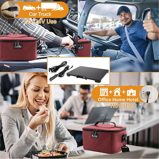 Aotto Portable Oven, Electric Lunch Box Food Heater - 12V/24V/110V 3-in-1 Car Food Warmer - Heated Lunch Box for Adults - Cook, Reheat & Keep Meals Warm for Car, Truck, Travel, Work, Home - Red