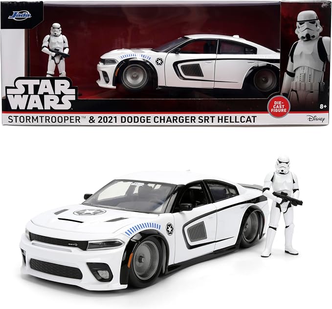 Jada Star Wars Stormtrooper with 2021 Dodge Charger SRT Hellcat Die-Cast Vehicle 1:24 Scale – Opening Parts Toys