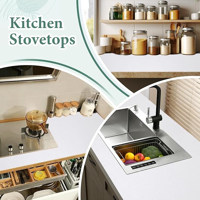 Drawer and Shelf Liner for Kitchen Cabinet: 17 in X 30 Ft Non Slip Waterproof Shelf Paper Non Adhesive Refrigerator Liners White Easy Liners for Bathroom Cupboard with Knife Tape Measure