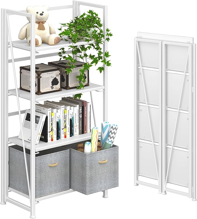 4NM No Assembly Folding Bookshelf Storage Shelves 4 Tiers Vintage Bookcase Standing Racks Study Organizer Home Office (All White)