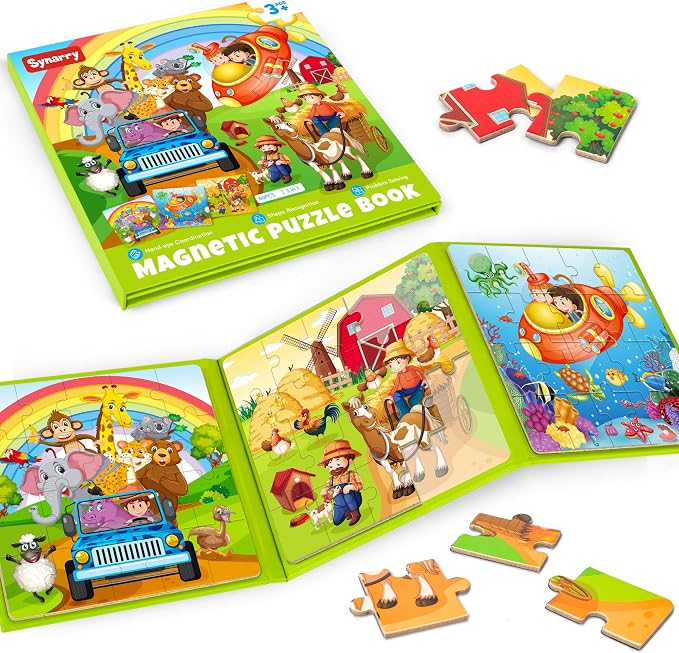 SYNARRY Magnetic Puzzles for Kids Ages 3-5, 20 Pieces Toddler Animal Puzzles for Kids Ages 4-6, Easter Basket Stuffers Gifts for Kids, Car Airplane Road Trip Activities Magnet Games Toy for Boys Girls
