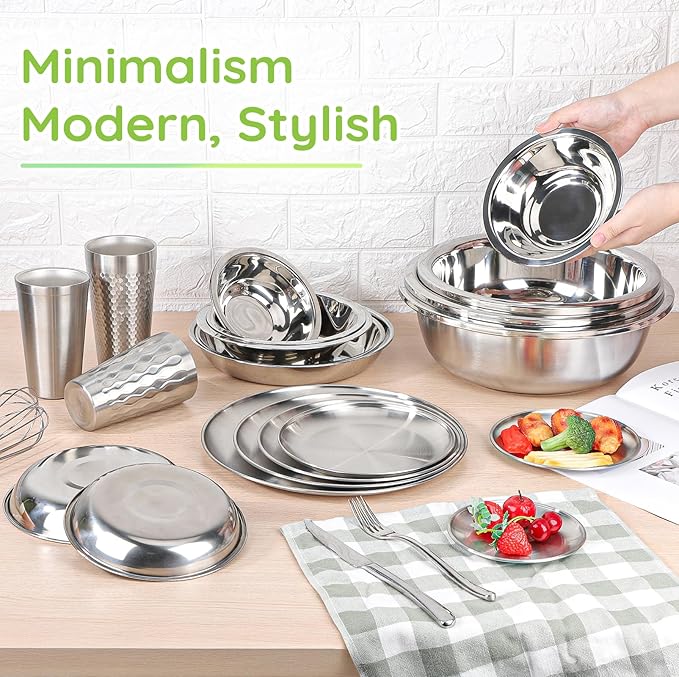 304(18/8) Stainless Steel Mixing Bowls for Kitchen, 6 Pack 8.7" 34.88 fl.oz Metal Mixing Bowls Set Stackable for Baking Serving Cooking Food Prep Storage Dishwasher Safe Lightweight