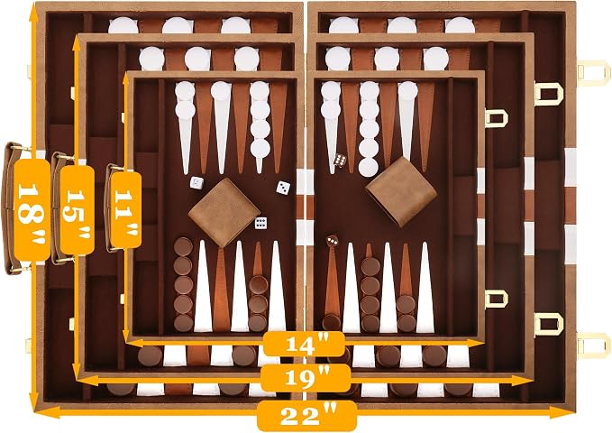 Backgammon Set - Classic Board Game with Premium Leather Case - Portable Travel Strategy Backgammon Game Set for Adults, Kids (11inch, Khaki)