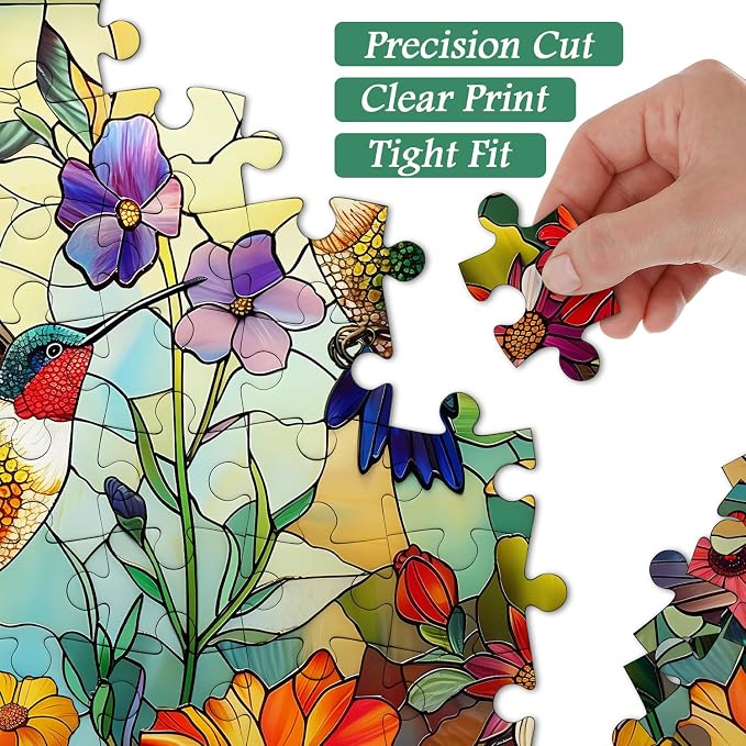 Stained Glass Puzzles for Adults 1000 Pieces, PICKFORU Colorful Flower Hummingbird Jigsaw Puzzles, Mosaic Bird Puzzles as Home Decor