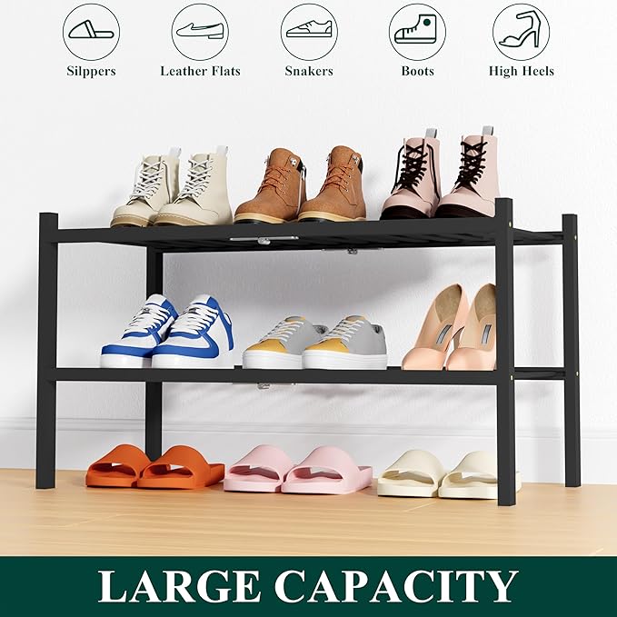 Smiry Shoe Rack, 2 Tier Thick Bamboo Shoe Organizer, Stackable Free Standing Wooden Shoe Storage Shelf for Closet, Entryway, Front Door Entrance, Black