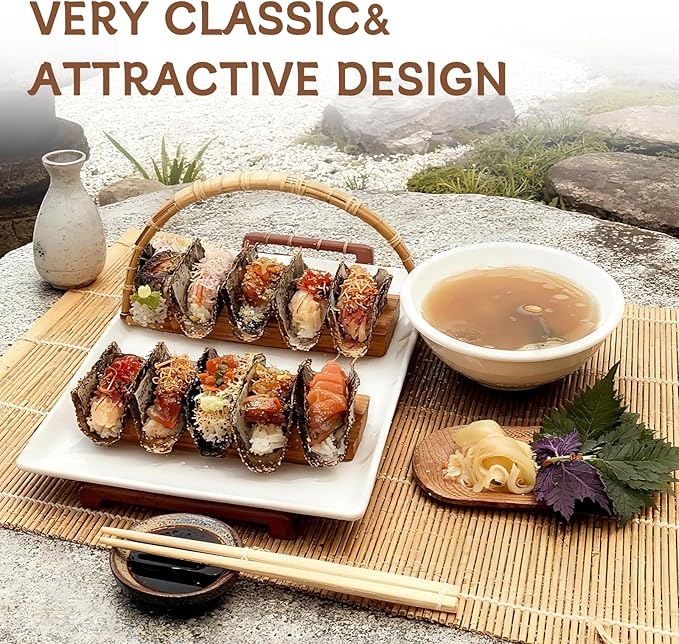 Wooden Taco Holder Stand for Sushi Hand Roll, Temaki & Sushi Roll – 1/2/3/5 Slot Sushi Display Tray, Natural Wood Serving Platter (2 pcs per Pack) (2 Slot (2 pcs))