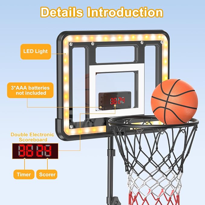 Kids Indoor Basketball Hoop with Scoreboard & Timer,Toddler Adjustable Height Basketball Goal Toy for Outdoor Backyard,Sports Game Play