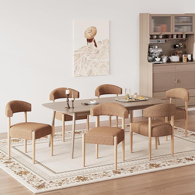 VKNOW Wooden Dining Chairs Set of 6, Modern Upholstered Dining Room Chairs with Rubberwood Legs and Curved Backrest, Fabric Kitchen Chairs for Farmhouse/Living Room/Dining Room, Orange