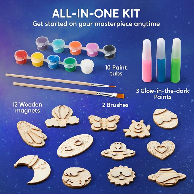 JOYIN 12 Glow in The Dark Wooden Magnets for Kids, Paint Your Own Arts and Crafts Painting Kit, Halloween Crafts Birthday Parties and Family Crafts Gift, Party Favors for Boys Girls Ages 3+
