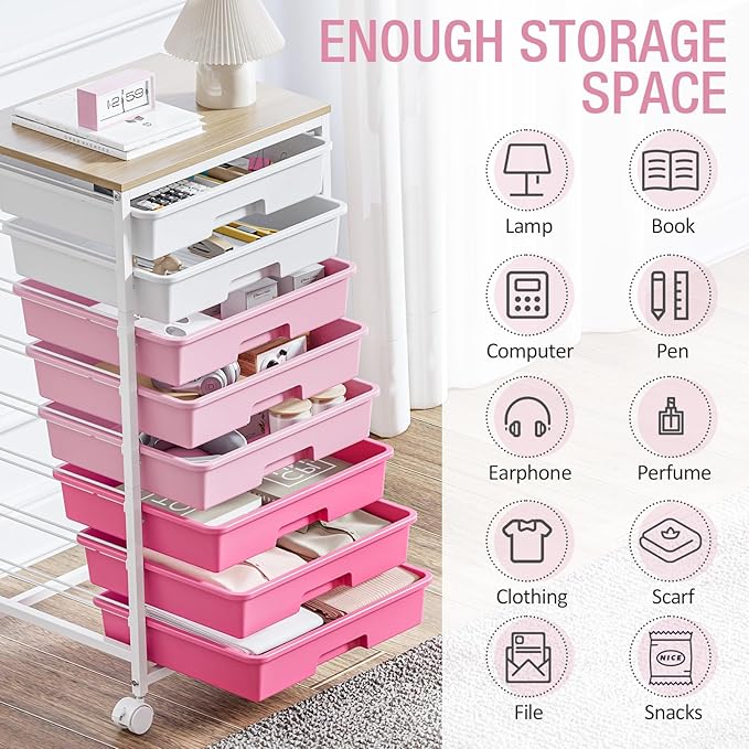 Rolling Cart with Drawers, Pink Cart with 8 Plastic Drawer Storage and Wooden Tabletop, Craft Storage, Teacher Cart, Storage Cart on Wheels, Rose Pink