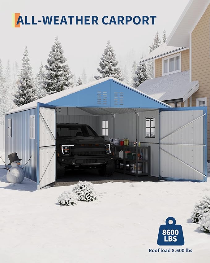 GarveeLife 12x20 ft Metal Carport, Enclosed Car Port with Reinforced Frame and Steel Roof for All-Weather Use, Metal Garage Shed for Full-Sized Pickup Trucks