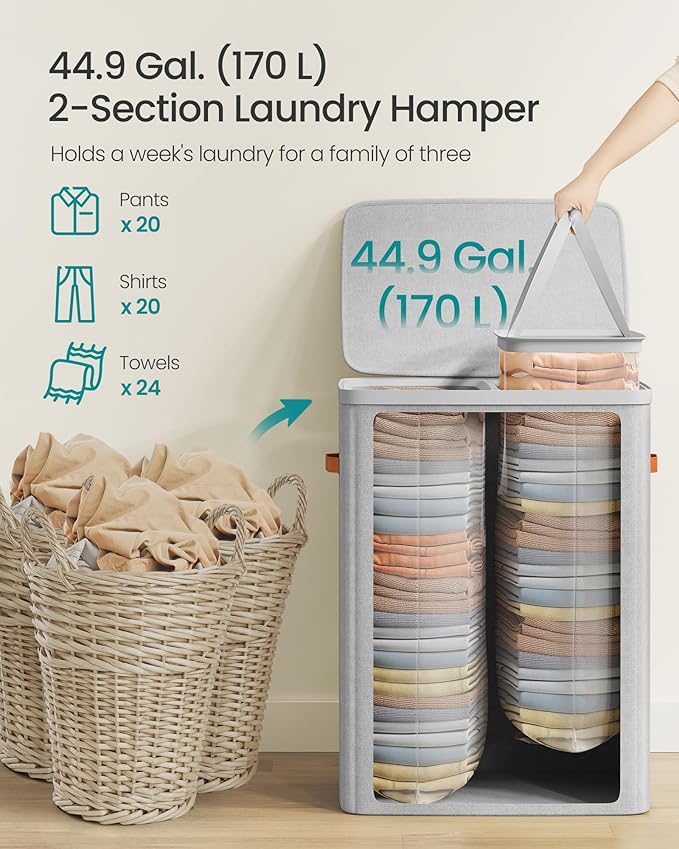 SONGMICS Laundry Basket, 44.9 Gal. Laundry Hamper, 2 Compartments, Easy Assembly, with Lid and Handles, Removable Inner Bags, 22 x 15.7 x 29.5 Inches, Dove Gray ULCB813G01