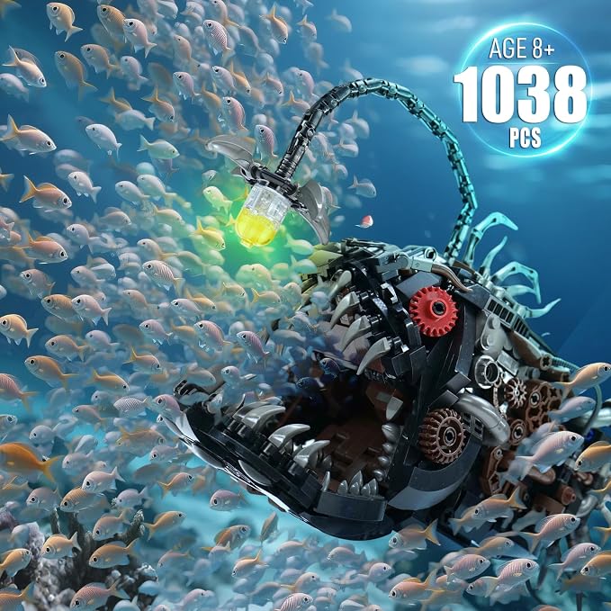 Ideas Mechanical Lantern Fish Building Blocks Set Compatible with Lego Collectible for Ocean Lovers, Perfect as an Office or Home décor for Adults. STEM Construction Gift for Boys Aged 8-16 1038PCS