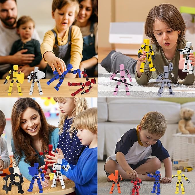 4PCS Mini Titan T-13 Action Figures Set, Assembly Completed Luck Dummy Robot 13 Action Figure Toys for Boys Stick Figures with Multi Joints Movable Fidget Gifts for Kids(Black+White+Blue+Red)
