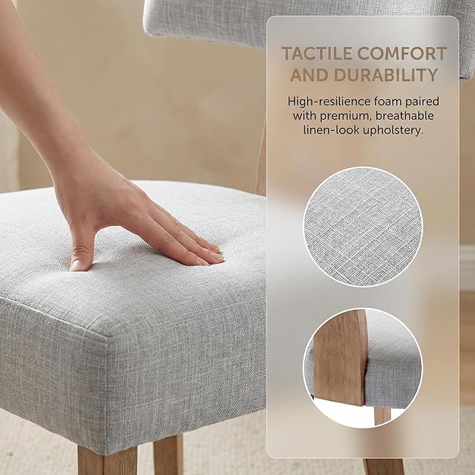 HNY Set of 4 Mid Century Modern Dining Chairs, Farmhouse Linen Fabric Upholstered Accent Chair Curved Backrest Kitchen Chairs, with Hardwood Frame, Grey