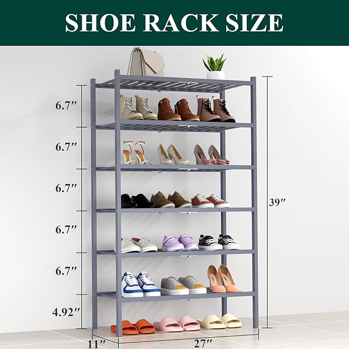 Smiry Shoe Rack, 6 Tier Thick Bamboo Shoe Organizer, Stackable Free Standing Wooden Shoe Storage Shelf for Closet, Entryway, Front Door Entrance, Grey