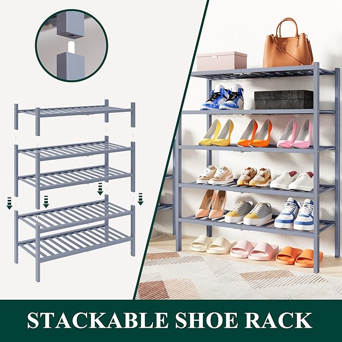 Smiry Shoe Rack, 3 Tier Thick Bamboo Shoe Organizer, Stackable Free Standing Wooden Shoe Storage Shelf for Closet, Entryway, Front Door Entrance, Grey