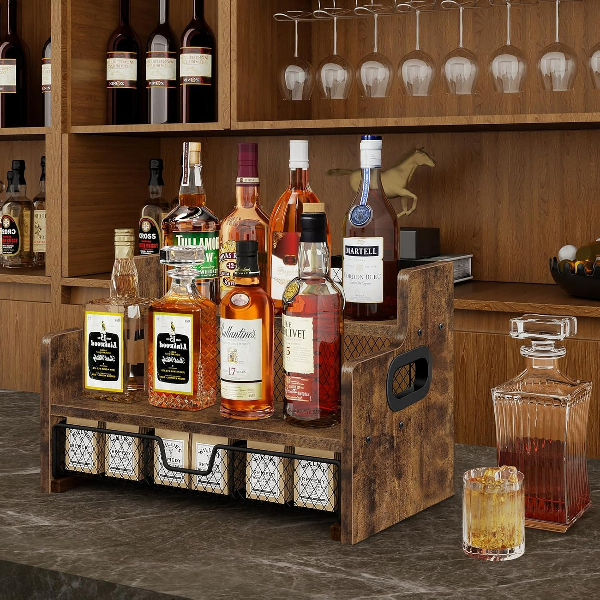 Homode Coffee Syrup Rack Organizer, 3-Tier 8 Bottles Syrup Holder Stand with 35 K Cup Storage Basket Drawer for Coffee Bar, Wood Liquor Shelf Wine Rack Countertop for Home, Rustic Brown