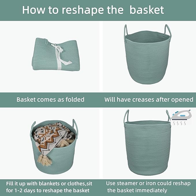 Cotton Rope Laundry Basket Hamper for Clothes Woven Storage Basket for Living Room Bedroom Boho Tall Rope Baskets for Blanket Toys Pillow Towels Baby Nursery Hamper Bin Large light green