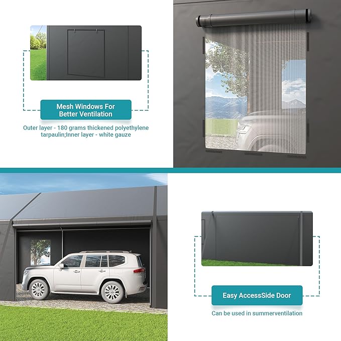 Carport, 13x25 FT Heavy Duty Car Port with Side-Opening Door & Roll-Up Windows, Outdoor Portable Garage Reinforced Four-Hole Base for Car, Truck, Boat, Motorcycle