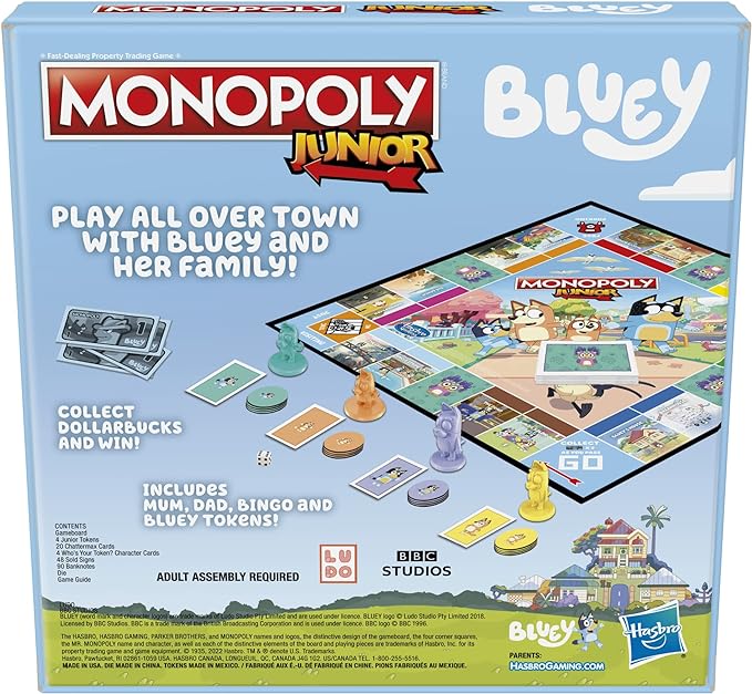 Hasbro Gaming Monopoly Junior Bluey Edition Board Game | Kids Play as Bluey, Bingo, Mum & Dad for Girls & Boys | Ages 5+ (Amazon Exclusive)