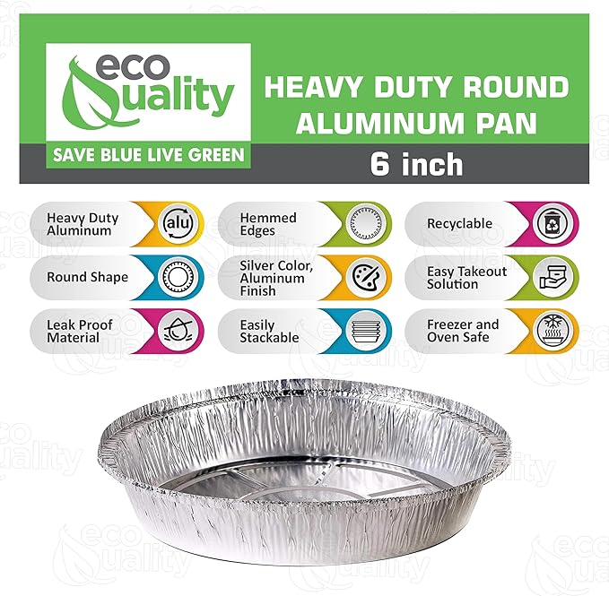 EcoQuality 6" Round Aluminum Foil Pans - Disposable Containers with Foldable Walls for Pie Baking, Cooking, Serving, Reheating, and Storing - Freezer and Oven Safe Tart Pan 200 Pack