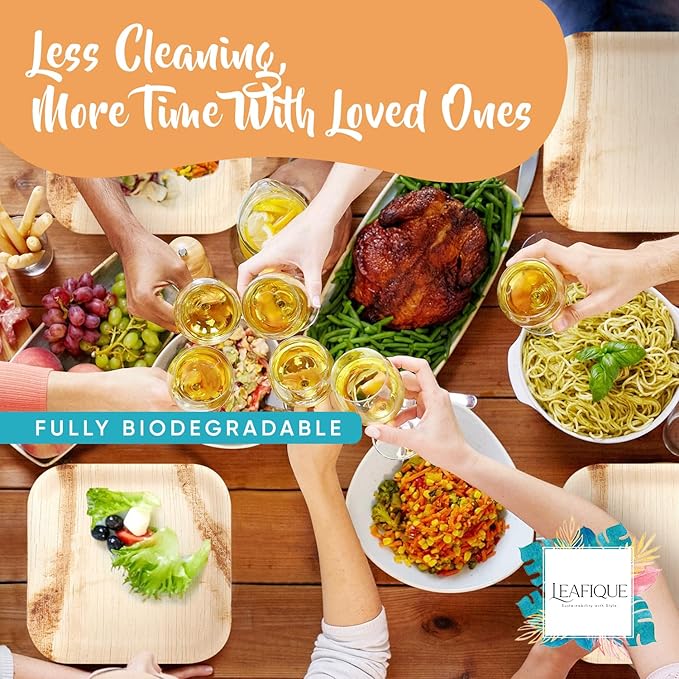 100% Natural 7” Palm Leaf Square Plate (50 pack), Compostable & Biodegradable Dinnerware for Catering, Birthdays, Halloween, BBQs, Thanksgiving, Alternative to Paper & Bamboo Plates Disposable