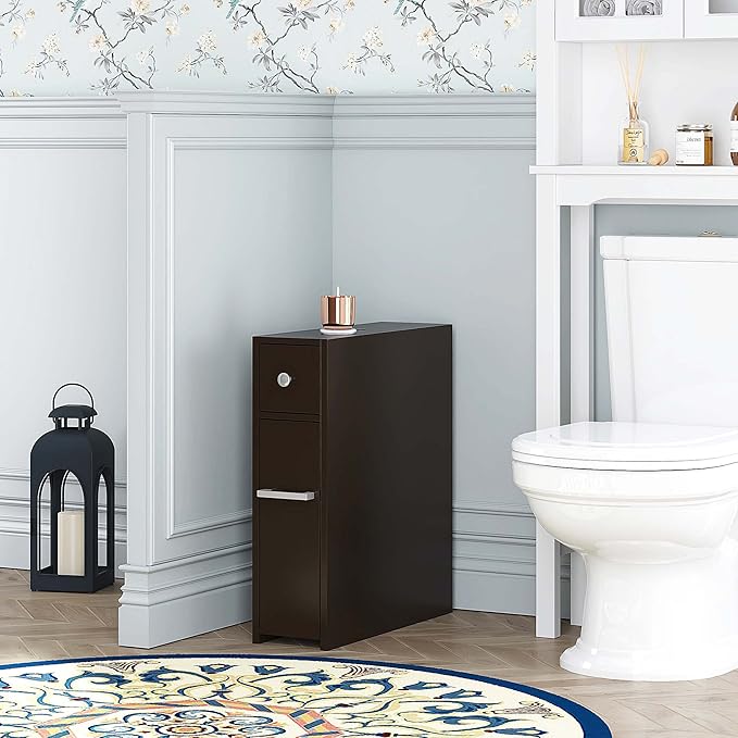 Spirich Slim Bathroom Storage Cabinet, Free Standing Toilet Paper Holder, Bathroom Cabinet Slide Out Drawer, Espresso