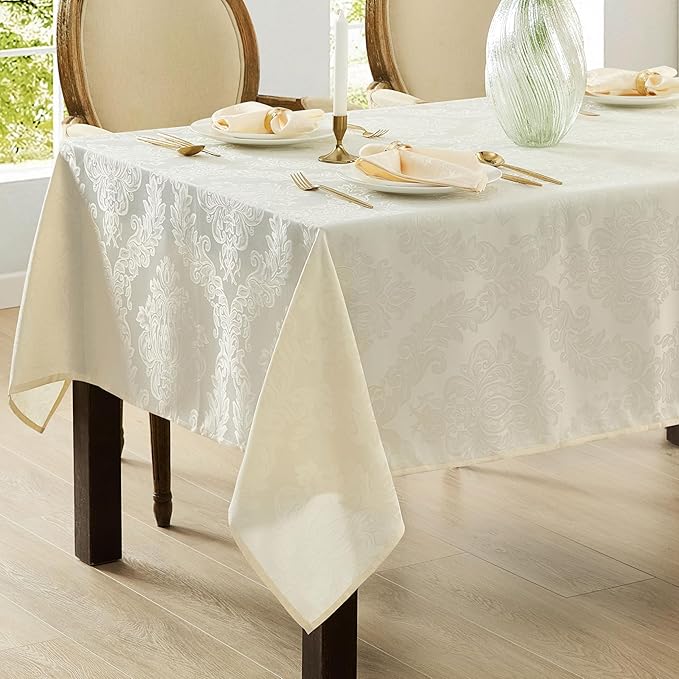 Newbridge Barcelona Luxury Damask Fabric Tablecloth, 52” Wide x 70” Rectangle, Antique White, 100% Polyester, No Iron, Soil Resistant Dining Room, Party and Banquet Table Cover