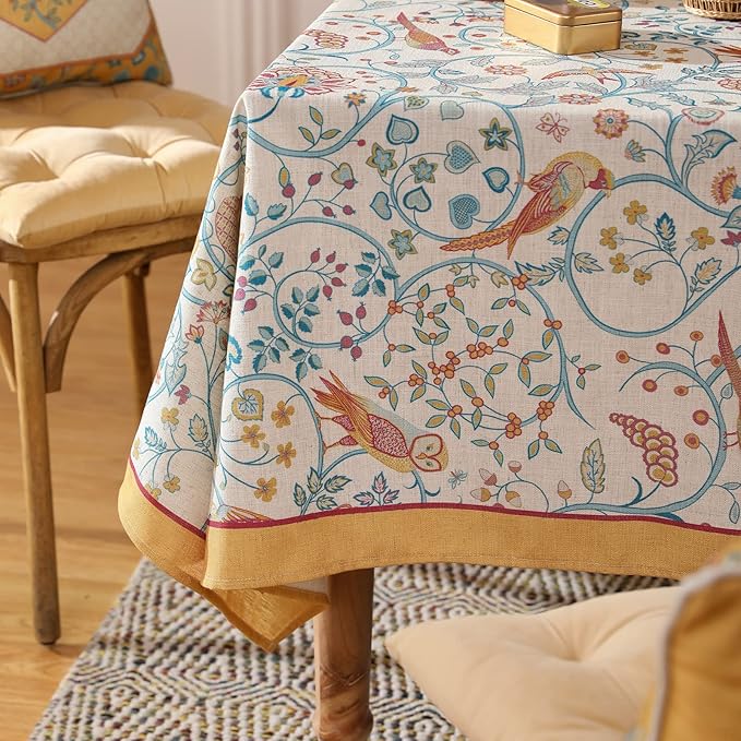 patdrea Designer Vintage Long Rectangular Tablecloth,French Floral Birds Pattern Linen Table Cloth,Yellow Decorative Cover for Kitchen Dining Banquet,Christmas,Thanksgiving,63"x102"-Magnolia