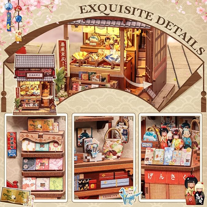 CUTEBEE Book Nook Kit - DIY Miniature House Japanese Fan Shop Dollhouse Kit for Adults and Teens, Booknook Tiny House Bookshelf Decor 3D Wooden Puzzle, Gifts for Family, Friends (Tsukino Eogi-dou)