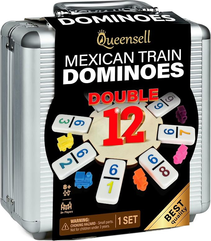 Queensell Mexican Train Dominoes Set with Numbers, Double 12 Dominoes Sets for Adults, Mexican Domino Train for Adults and Family - Domino Sets 91 Tiles with Aluminum Case