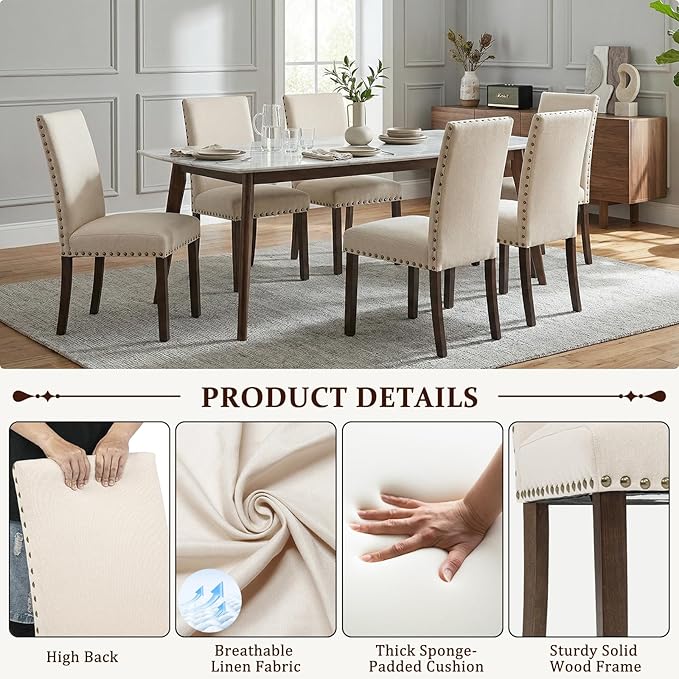 Furniliving Upholstered Wood Dining Chairs High Back Dining Room Chairs with Wooden Legs for Kitchen Dining Room Living Room. (Beige, Set of 2)