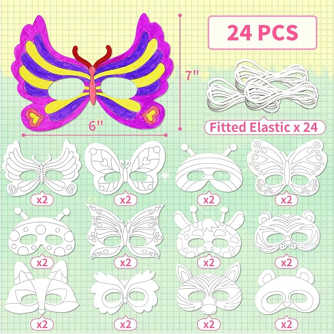 48 PCS Color Your Own Paper Crowns and Paper Masks, DIY Art Coloring Craft Activity for Kids Birthday Dress up Party Favors Decoration, School Home Art Coloring Activities
