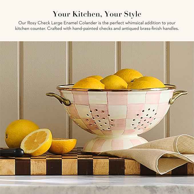 MACKENZIE-CHILDS Enamel Colander, Decorative Kitchen Strainer, Large, Pink-and-White Rosy Check