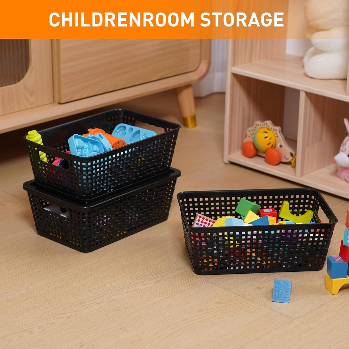 Plastic Storage Baskets With Lid, Storage Bins for Organizing, Stackable Decorative Containers for Shelves Drawers Desktop Closet Playroom Classroom Office, 8 Pack-Black