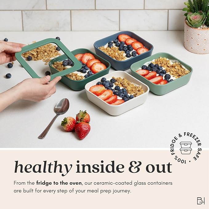 Ceramic Coated Glass Food Storage Container | No PTFE, PFOA, PFAS, and BPA | Reusable Non Toxic Meal Prep Container with Glass Lid | Easy To Store | 6 Cup Rectangle [Dusk]
