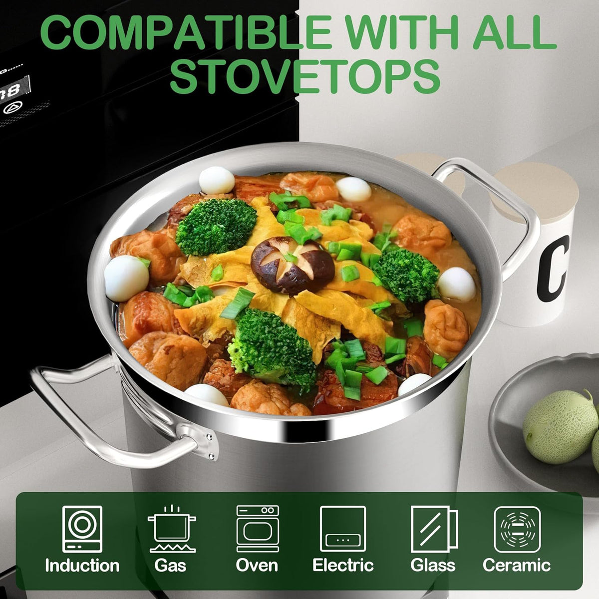 Stainless Steel 20 Quart Stockpot with Tempered Glass Lid, 3-Ply Base, 8.8 lbs, Polished Finish, Suitable for Stovetop and Oven