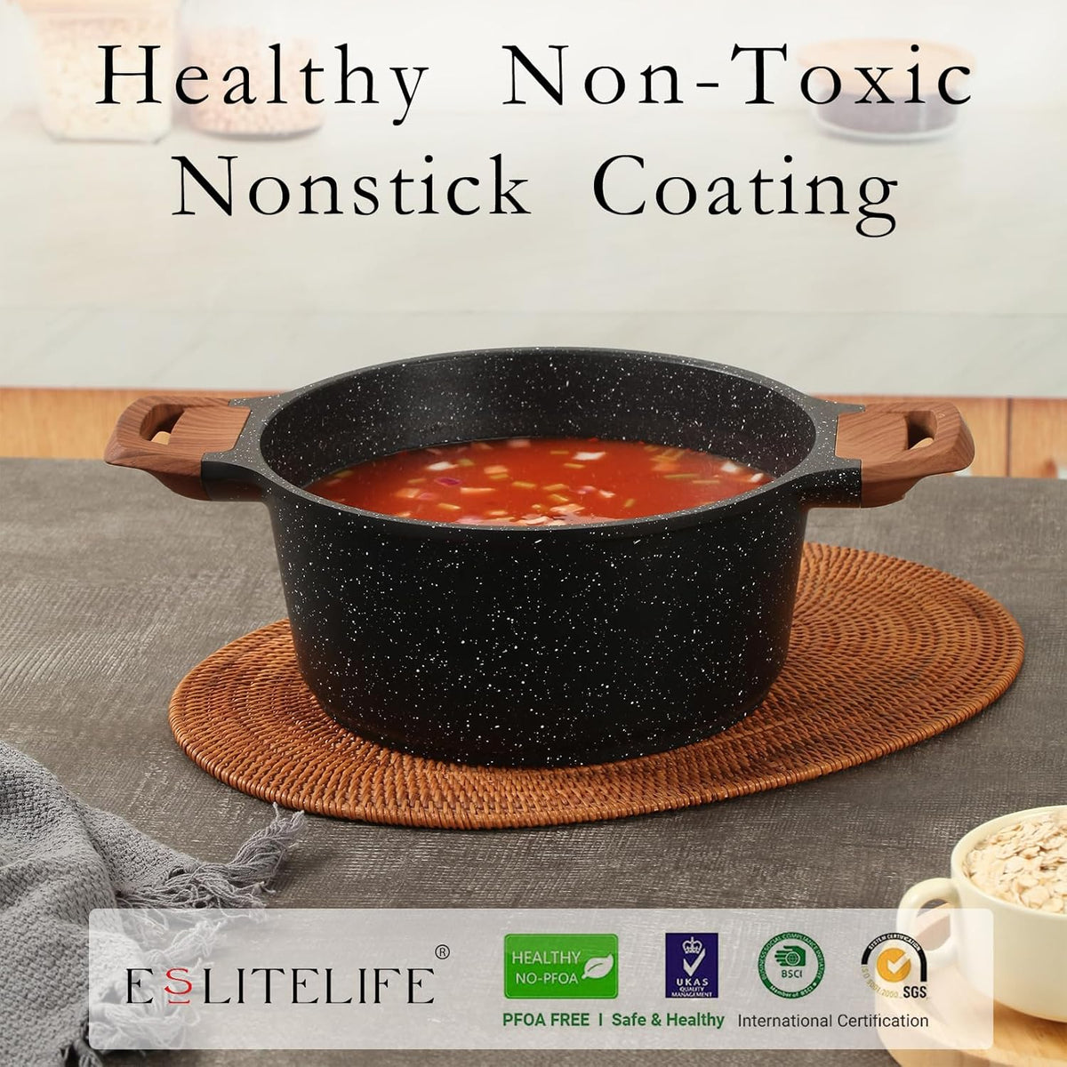 ESLITE LIFE Nonstick Stock Pot with Lid, 5 Quart Granite Casserole Large Soup Pot Pasta Cooking Pot, Induction Compatible, PTFE & PFOA Free, Black