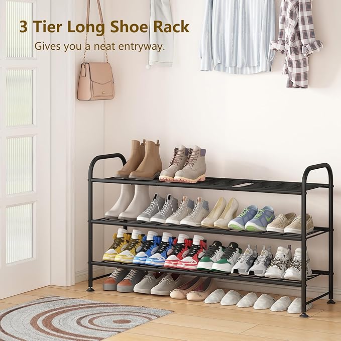 LINZINAR Shoe Rack 3 Tier Long Metal Shoe Organizer for Closet Entryway Black