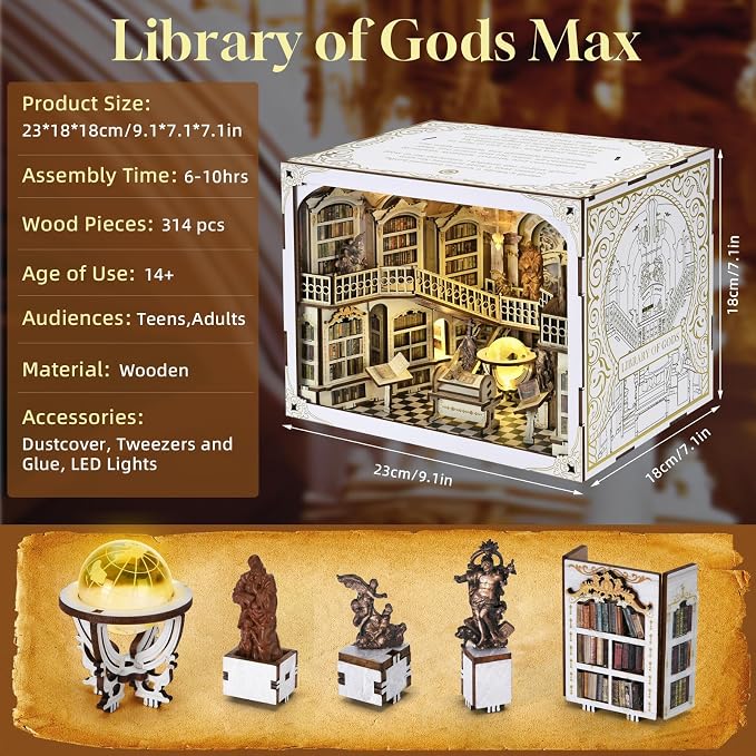 𝐂𝐂𝐂𝐃𝐅 DIY Book Nook Kit, DIY Miniature Dollhouse Booknook Kit, 3D Wooden Puzzle Bookend Bookshelf Insert Decor with LED Light for Adults (Library of Gods Max)