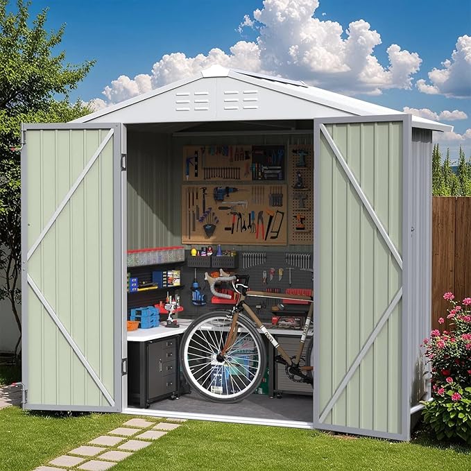 Greesum 6×4FT Outdoor Storage Shed, Metal Patio Storaged Sheds with Lockable Doors, Sheds & Outdoor Storage for Bike, Backyard, Pool and Garden, Gray