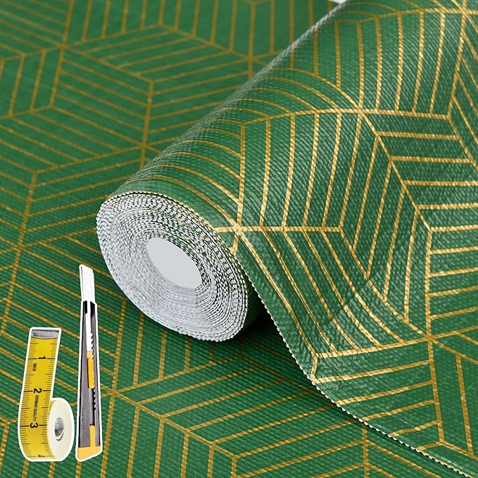 Shelf Liners for Kitchen Cabinets 17.5in x 20FT, Non Adhesive Cabinet Liner Strong Non-Slip Thickened Gold Green Geometric Drawer Liner, Easy to Clean for Shelf, Cabinet with Knife and Tape Measure