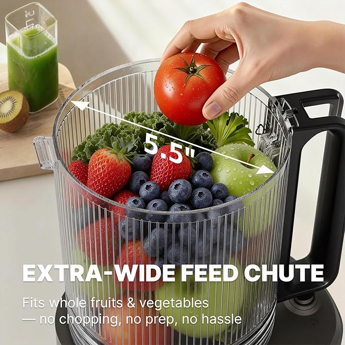 Cold Press Juicer, 5.5inch Wide Feed Chute Juicer Extractor Machine, Slow Masticating Juicer for Whole Vegetables & Fruits, Black