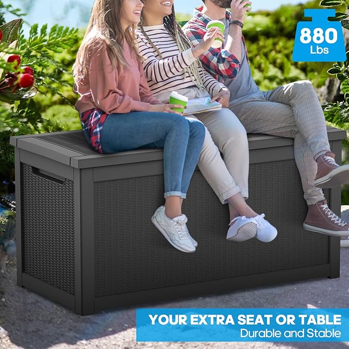 Outdoor Storage Deck Box Waterproof, 320 Gallon Large Lockable Patio Storage Bin Chest, Resin Outside Container Seat Bench for Furniture Cushions, Pool Accessories, Garden Tools & Delivery, Black