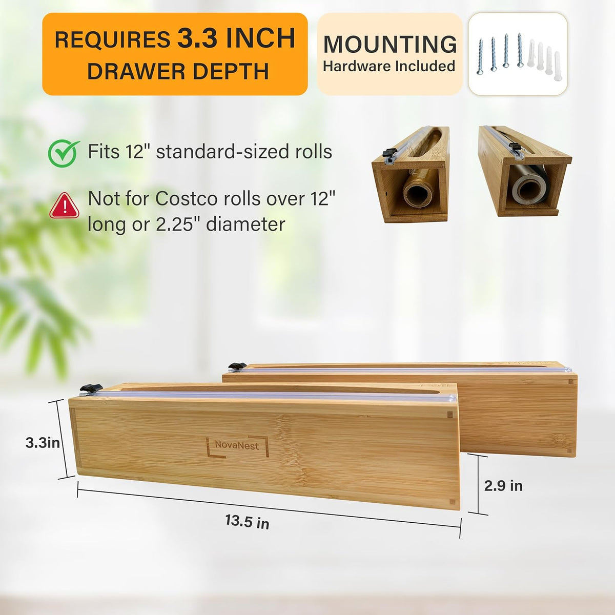 Wrap Organizer Dispenser with Cutter, (2 Piece Set), Fits 12" Rolls, Plastic Wrap, Aluminum Foil, Wax Paper, Saran Wrap, Cling Wrap Holder for Kitchen Storage, Mountable, Bamboo